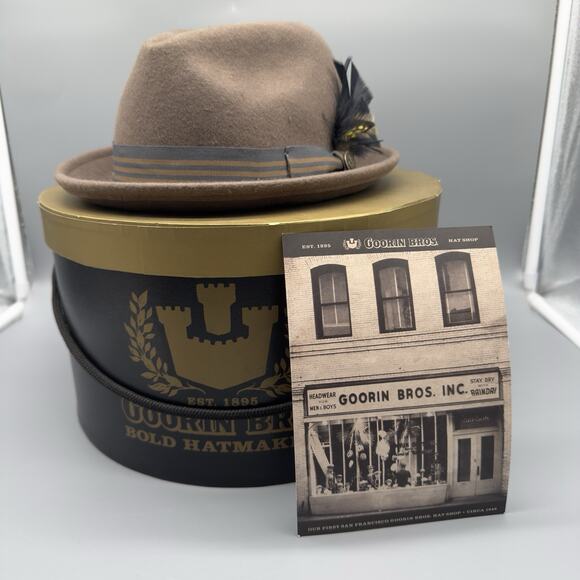 Goorin Bros Wool Fedora Hat Medium Brown Gray Band Feather Accent New with Box - Picture 1 of 10